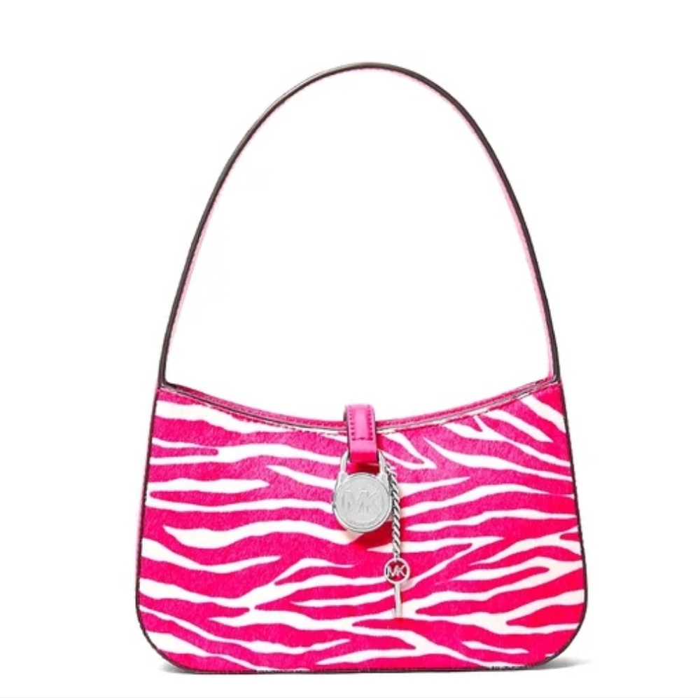 Zebra Print Calf Hair Hot Pink Clutch Purse With Silver Lock & Key Hardware